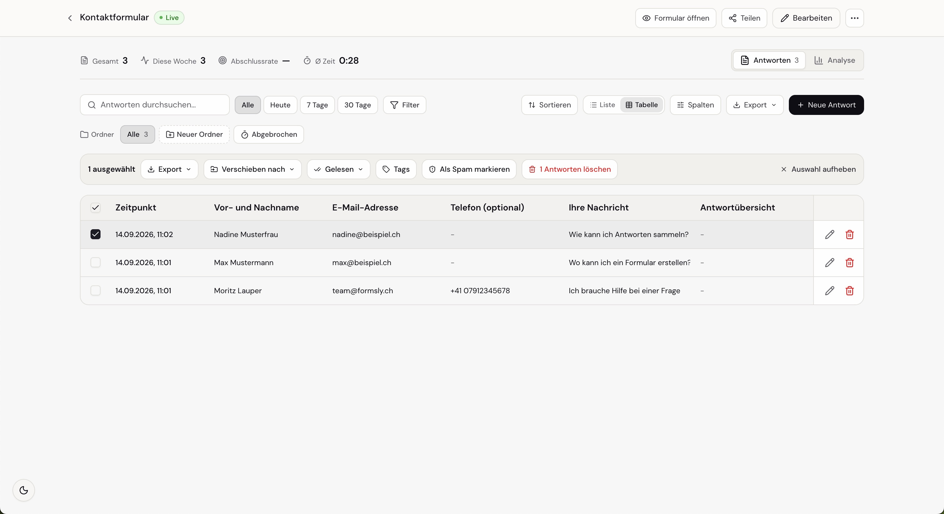 Antworten-Übersicht im Dashboard mit Filtern, Tags und Export