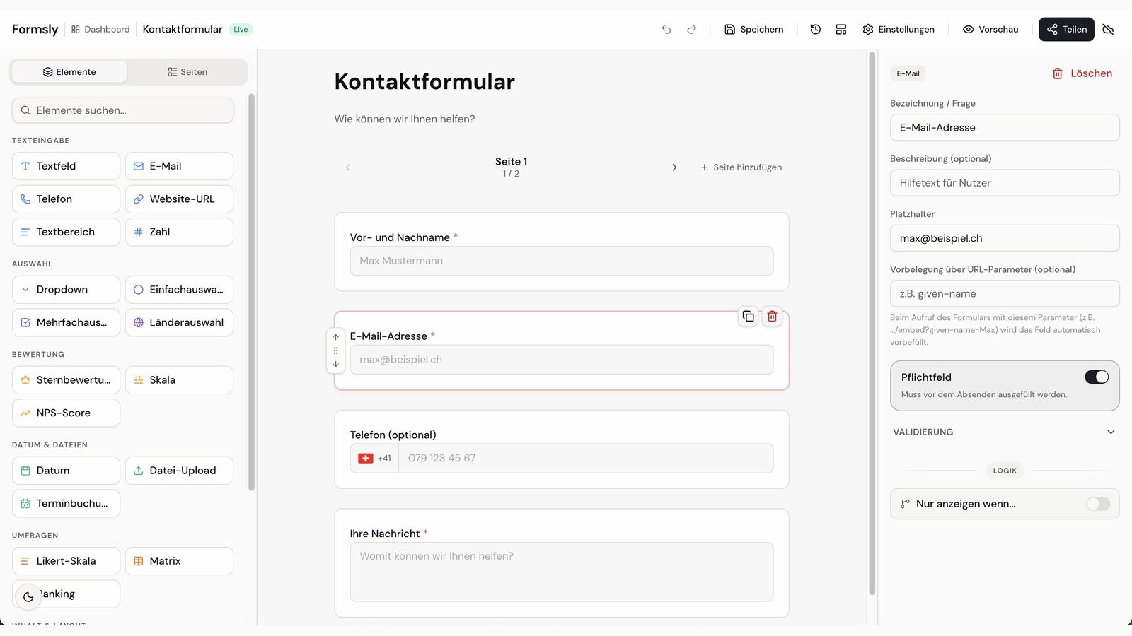 Formsly-Builder mit Elementpalette, Formularentwurf und Einstellungen zum ausgewählten Feld