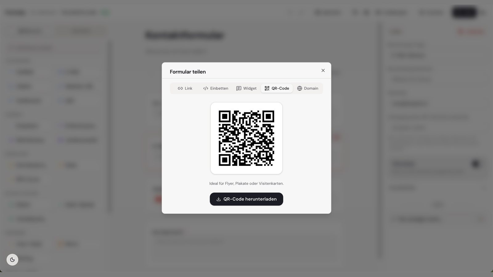 Dialog «Formular teilen» mit QR-Code zum Herunterladen und den Reitern Link, Einbetten, Widget und Domain